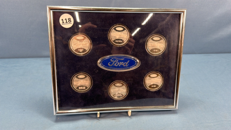 Ford Framed Medallion and (6) Ford Car Tokens