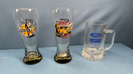 (2) Ford Beer Glass & (1) Ford Lincoln Beer Stein