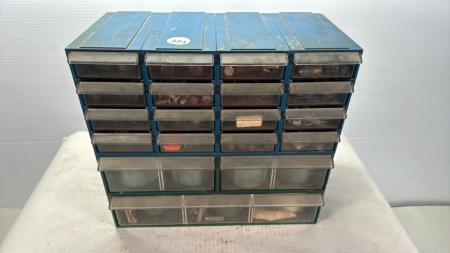 19 Drawer Plastic Parts Caddy with Contents