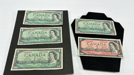 (4) Cdn 1954 $1 Bills & (1) Cdn 1954 $2 Bill