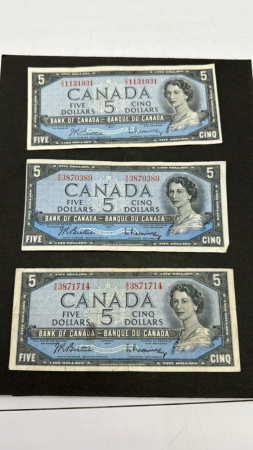 (3) 1954 Canadian Five Dollar Bills