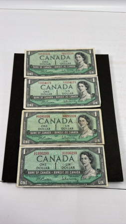 (4) 1954 Canadian One Dollar Bills