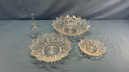 (3) Matching Glass Plates & Crystal 6" Bell