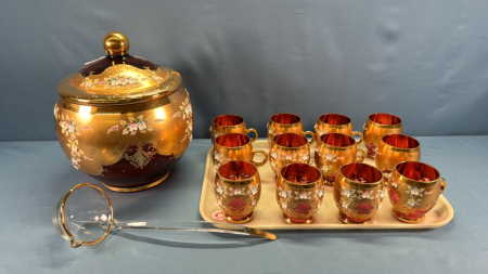 Cranberry Enameled Punch Bowl Set