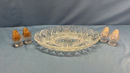 Glass Relish Tray 12"L & (2)Sets of Salt & Peppers