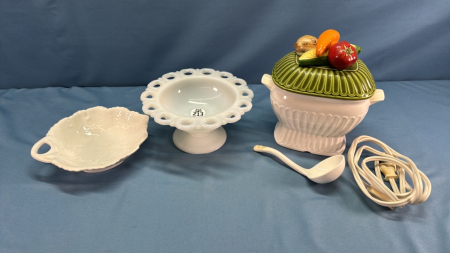 Milk Glass Pedestal Candy Dish &Gravy Warmer