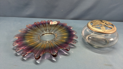 11" Iridescent Plate & 6" Rose Bowl with Metal Top