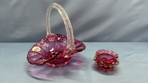 Cranberry Basket & Ornate Cranberry Footed Bowl