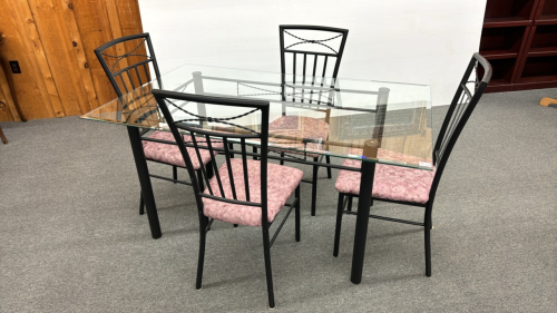 Glass Top Table on Metal Frame & (4) Metal Chairs