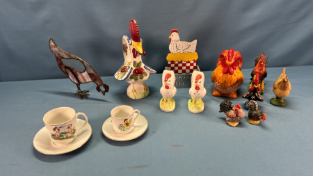 Poultry Figurine Lot & 2 Mini Cups & Saucers