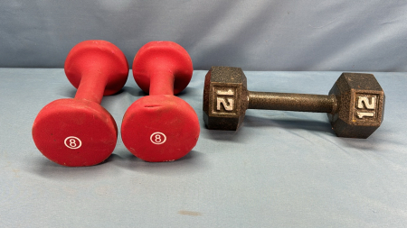 (2) 8 LB & (1) 12 LB Exercise Weights