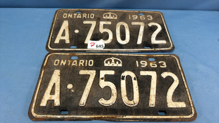 Pair of 1963 Ontario License Plates