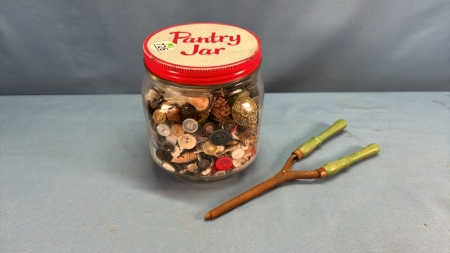 Jar of Used Buttons & Vintage Hair Curler