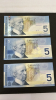 (3) Canadian $5 Bills