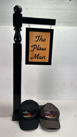 "The Plow Man" Wooden Sign & (2) Caps