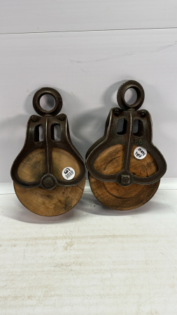 Pair of Wooden Pulleys with Metal Brackets