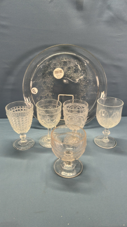 13" Glass Plate with (5) Assorted Goblets