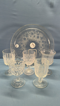 13" Glass Plate with (5) Assorted Goblets