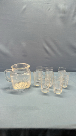 (8) Etched Juice Glasses with 6" Unmatched Pitcher