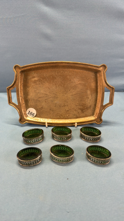 (6) Green Glass Salt Sels on 10" Silver Plate Tray