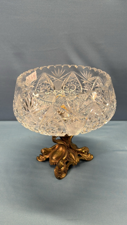 Heavy Glass Ornate Pedestal Bowl on Metal Base