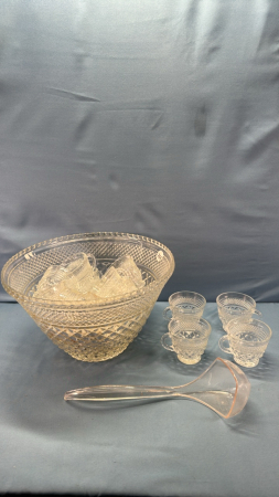 Glass Punch Bowl & 13 Cups & Plastic Ladle