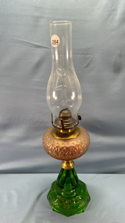 Coal Oil Lamp with Green Base & Fancy Font