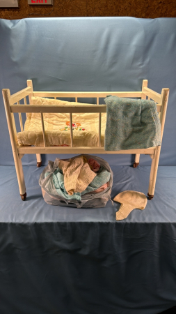 Doll Bed, Quilit and Clothes