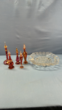 Fancy 11" Glass Deep Plate & (5) Perfume Bottle