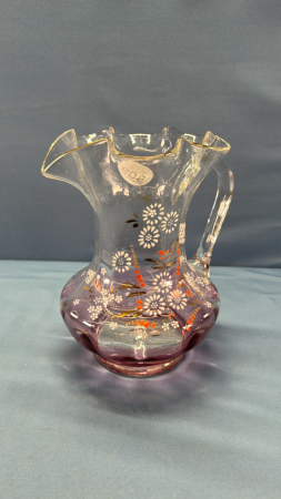 8" Cranberry/Clear Pitcher with enameled décor