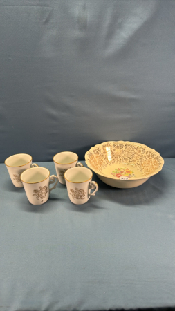 22KT Gold Trim 10" Bowl & (4) White & Gold Mugs