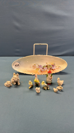 Hand Painted 10" Oblong Bowl & Tiny China animals
