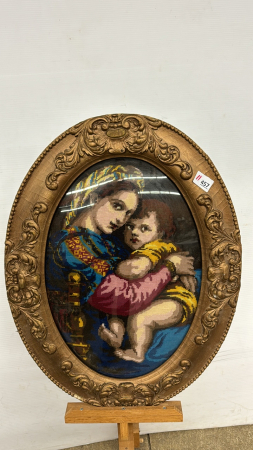 Needlepoint Mother & Child Oval Framed Piece