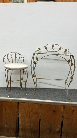 Bevelled Glass Antiqued Metal Framed Table & Chair