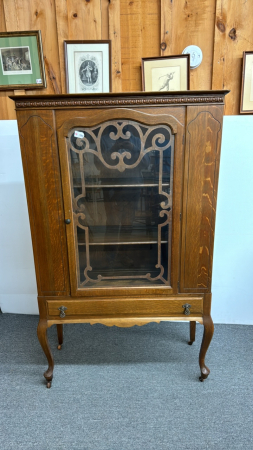 1940's Oak China Cabinet with Drawer