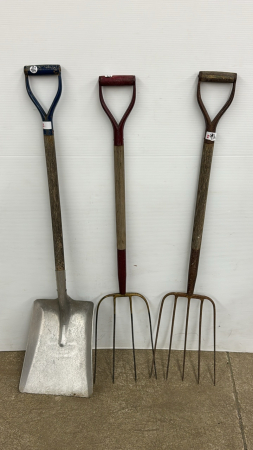 Pair of 4 Prong Forks & Square Mouth Shovel