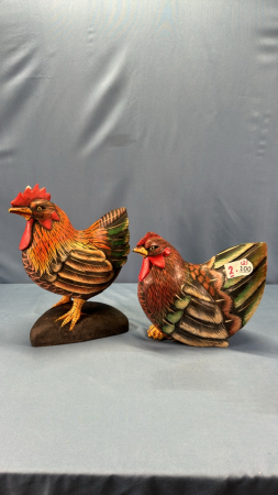 Wooden Carved Rooster & Hen