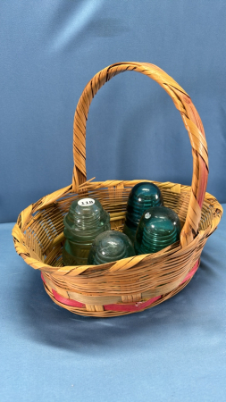 Wicker Basket 12" with (4) Green Glass Insulators