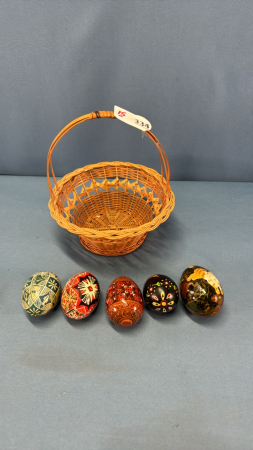 (5) Wooden & Cardboard Decorated Eggs in Basket