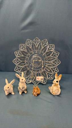 11" Glass Plate w/4 Small Rabbit Figurines