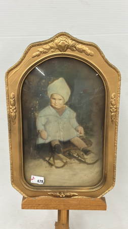 Child on Sleigh Print in Frame with Convex Glass