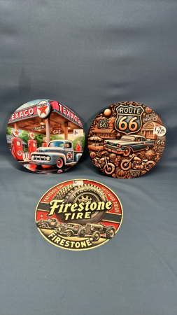(3) 8in Tin Repro Automotive Signs