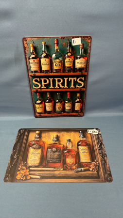 Pair of Metal Spirits and Whiskey Signs
