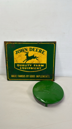 John Deere Tin Planter Lid & Repro Tin Sign