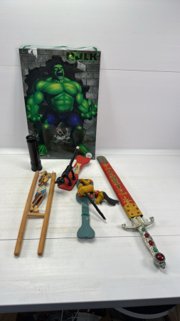 Tin Hulk Sign & (2) Fisher price Pop Up Dogs