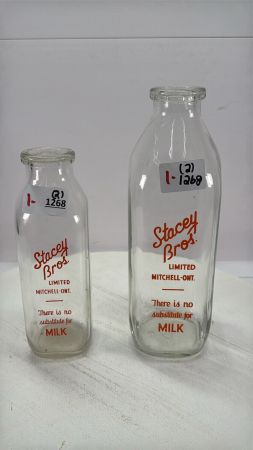 (2) Stacey Bros Quart & Pint Silk Screened Bottles
