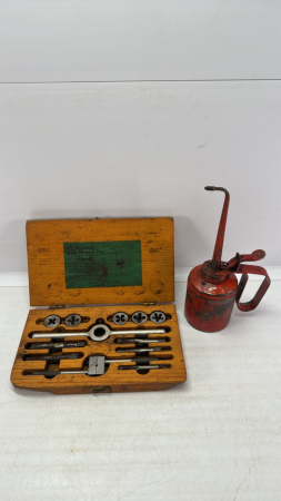 Set of Taps & Dies in wood box and oil can