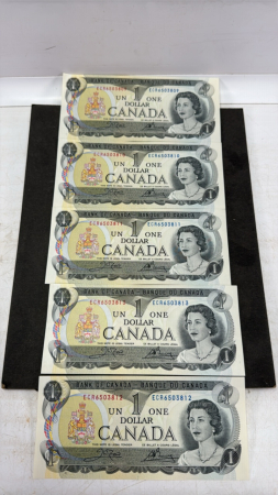 (5) Consecutively Numbered 1973 $1.00 Cdn Bills