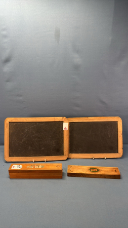(2) Wooden Pencil Boxes & (2) Childs Slates