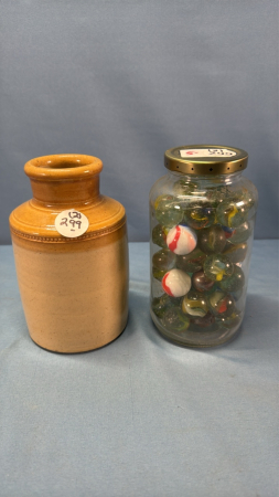 6in Tall Crock & Qty of Marbles